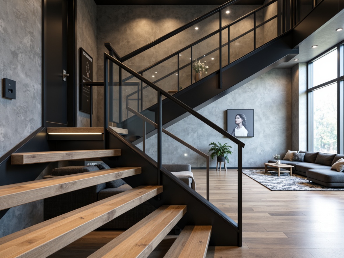 Prompt: Modern staircase, sleek metal railings, glass balusters, LED lighting strips, minimalist design, industrial-chic aesthetic, urban loft atmosphere, exposed concrete walls, polished wooden floors, matte black steel accents, geometric patterned carpets, monochromatic color scheme, statement wall art, floor-to-ceiling windows, natural light pouring in, subtle shadows, 1/1 composition, high-contrast lighting, realistic reflections.