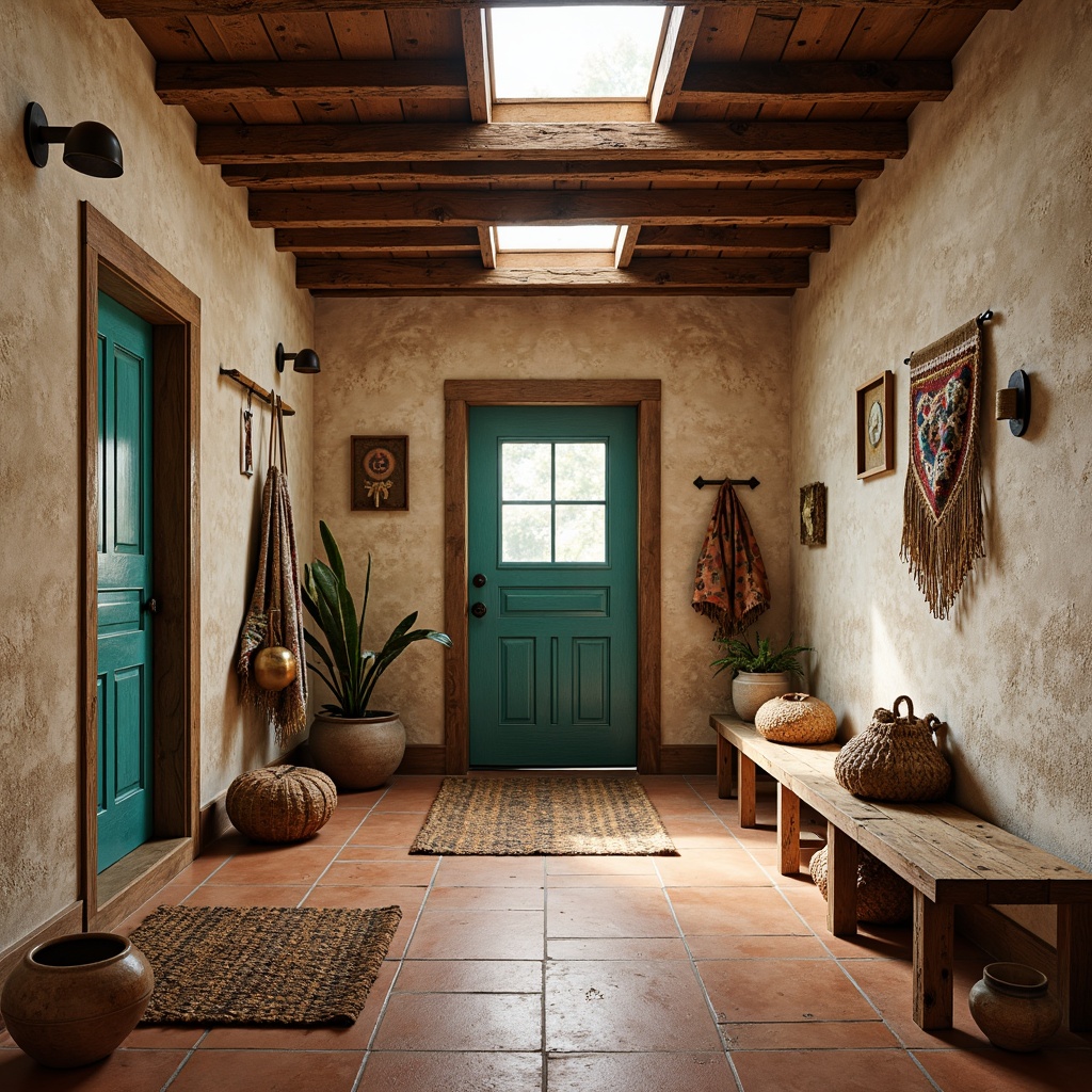 Prompt: Rustic southwestern mudroom, earthy terracotta flooring, natural stone walls, reclaimed wood accents, woven textiles, vibrant turquoise hues, distressed metal decor, vintage Native American patterns, woven baskets, handmade ceramics, rustic wooden benches, overhead skylights, warm ambient lighting, 1/1 composition, shallow depth of field, realistic textures.