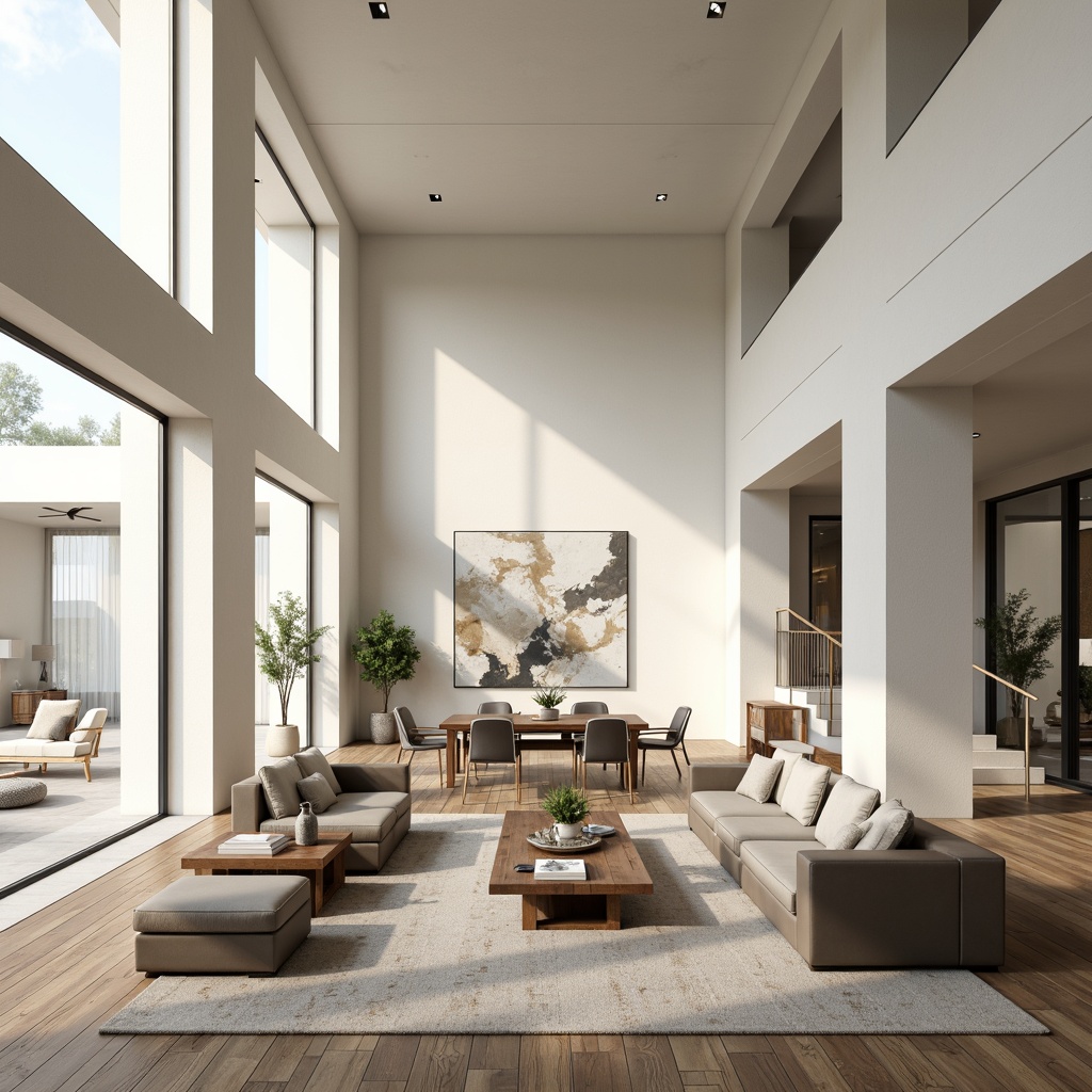 Prompt: Modern great room, open floor plan, high ceilings, large windows, natural light, neutral color scheme, creamy whites, soft grays, taupe accents, warm beige tones, rich wood flooring, sleek metal fixtures, minimalist decor, geometric patterns, subtle textures, ambient lighting, soft shadows, 1/2 composition, shallow depth of field, realistic rendering.