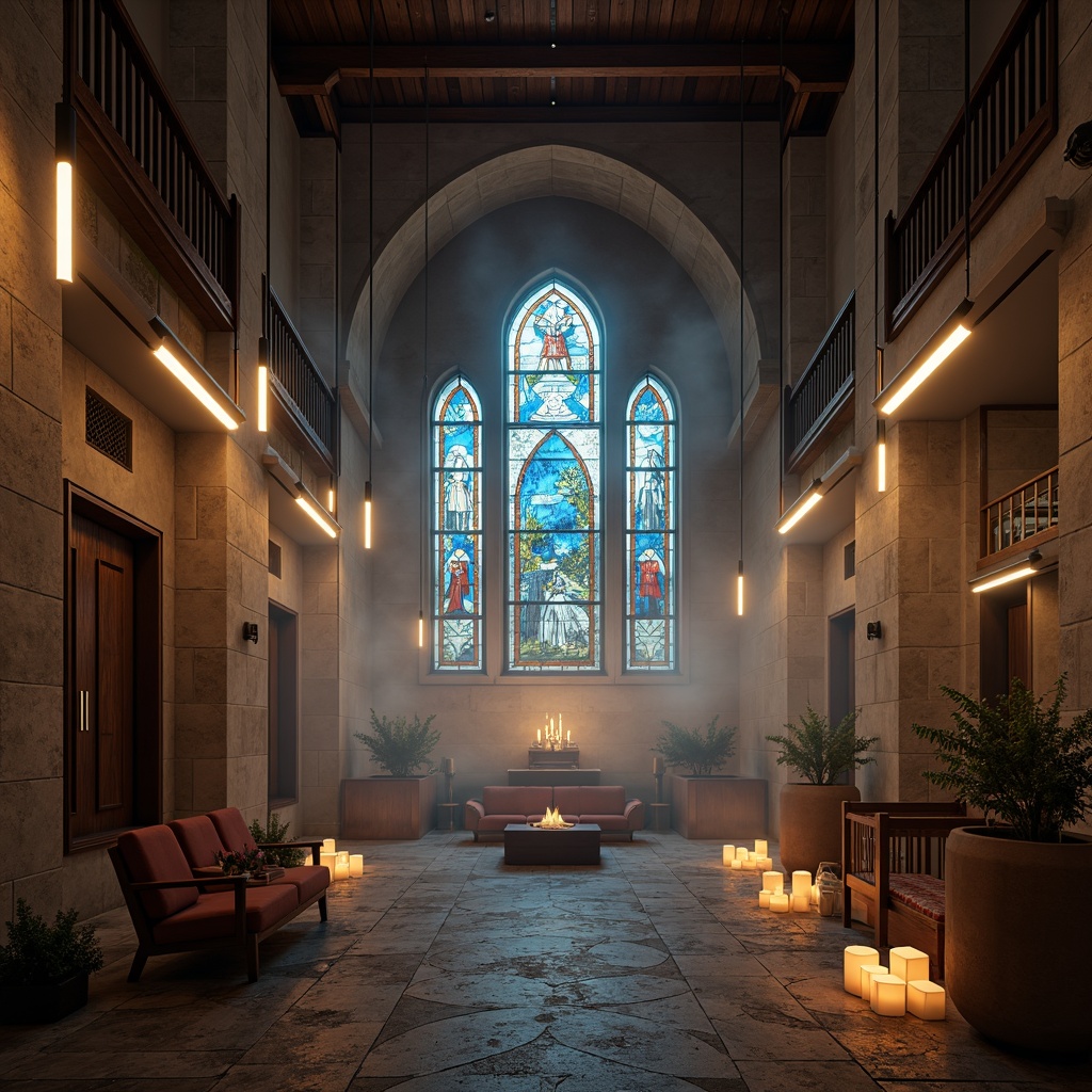 Prompt: Ethereal monastery interior, soft ambient glow, futuristic pendant lights, minimalist metal fixtures, sleek LED strips, warm candlelight, stained glass windows, natural stone walls, arched ceilings, ornate wooden accents, subtle color grading, mystical atmosphere, dramatic high contrast, shallow depth of field, 1/2 composition, realistic reflections, ambient occlusion.