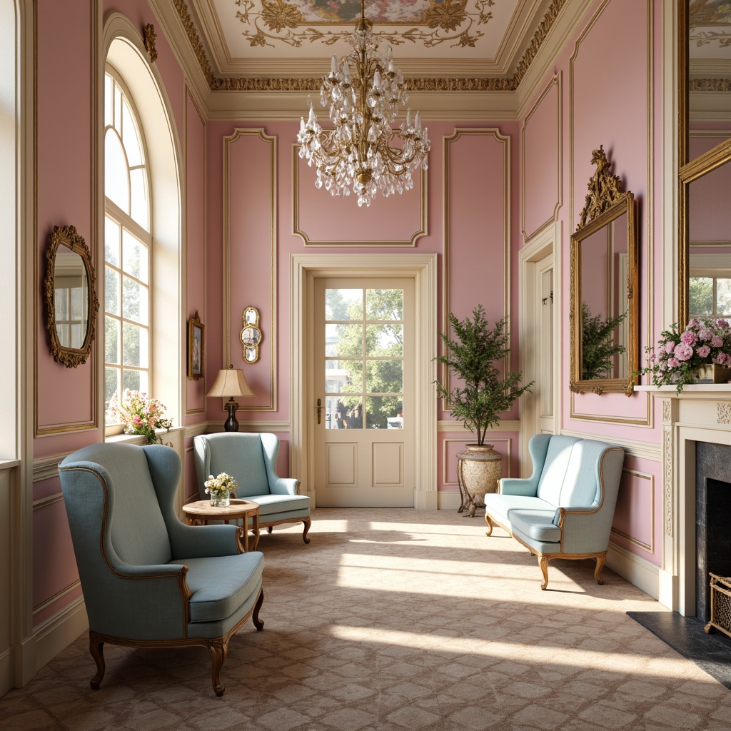 Prompt: Soft pink walls, creamy white moldings, golden accents, ornate mirrors, lavish chandeliers, delicate florals, pastel blue furniture, velvety soft upholstery, rich tapestries, intricate patterns, playful polka dots, whimsical stripes, warm beige carpeting, crystal-like accessories, elegant curves, refined Rococo details, afternoon sunbeams, gentle warm lighting, shallow depth of field, 2/3 composition, harmonious color balance, realistic textures, ambient occlusion.