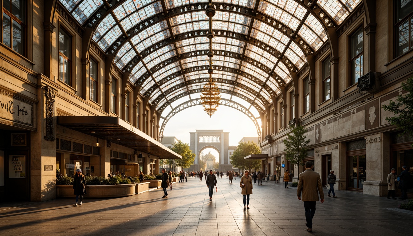 Prompt: Ornate bus station, curved metal framework, stained glass ceiling, grand chandelier, warm golden lighting, soft pastel colors, intricate ceramic tiles, flowing organic lines, ornamental ironwork, vintage-style signage, bustling urban atmosphere, morning sunlight, high-contrast shadows, dramatic spotlighting, 1/1 composition, symmetrical framing, realistic reflections, ambient occlusion.