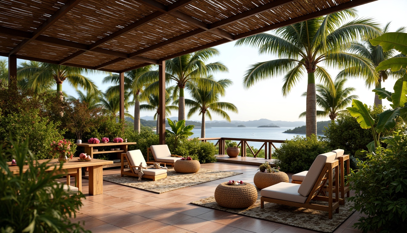 Prompt: Tropical resort hotel, lush greenery, exotic flowers, wooden furniture, rattan chairs, wicker tables, natural fabrics, vibrant colorful textiles, bamboo accents, palm tree-inspired decor, ocean breeze, sunny day, warm soft lighting, shallow depth of field, 3/4 composition, panoramic view, realistic textures, ambient occlusion.