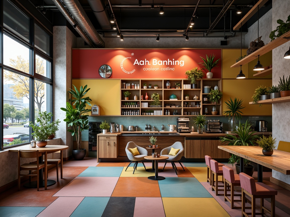 Prompt: Vibrant modern design studio, eclectic color schemes, bold typography, contrasting hues, pastel accents, metallic finishes, rich textures, urban cityscape, trendy coffee shop atmosphere, warm natural lighting, shallow depth of field, 1/1 composition, realistic rendering, ambient occlusion.