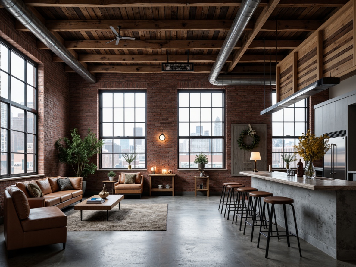 Prompt: Exposed brick walls, industrial metal beams, reclaimed wood accents, polished chrome fixtures, metallic color palette, edgy modern furniture, urban cityscape backdrop, overcast daylight, high-contrast lighting, shallow depth of field, 2/3 composition, dramatic shadows, realistic textures, ambient occlusion, metallic sheen, distressed finishes, minimalist decor, functional design elements.