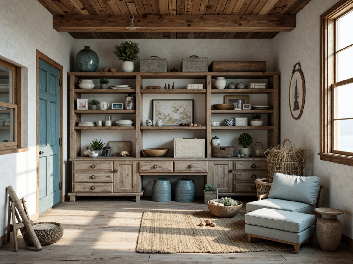 Prompt: \Coastal storage room, driftwood shelving units, weathered wood planks, nautical rope details, ocean-inspired color palette, calming blues and whites, natural textiles, woven baskets, rustic metal accents, vintage nautical instruments, distressed finishes, reclaimed wood flooring, soft warm lighting, shallow depth of field, 1/1 composition, realistic textures, ambient occlusion.\