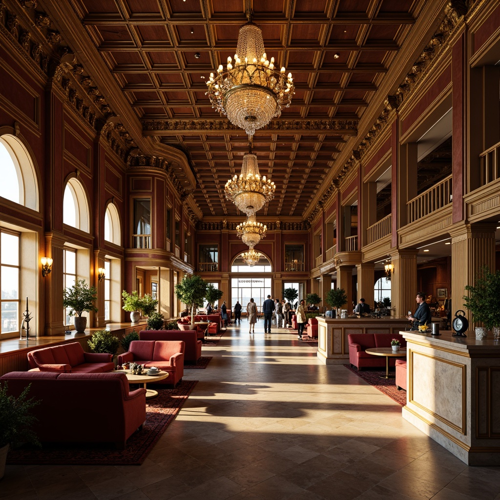 Prompt: Luxurious airport lounge, ornate details, gilded frames, intricate carvings, velvet furnishings, crystal chandeliers, marble countertops, rich wood paneling, grand archways, sweeping staircases, lavish textiles, regal color palette, warm golden lighting, dramatic shadows, 1/1 composition, low-angle shot, cinematic atmosphere, realistic reflections.