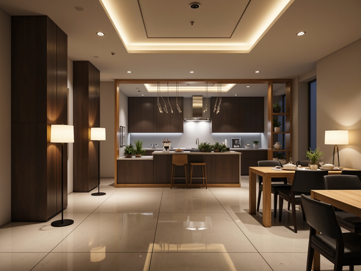 Prompt: Modern interior with sleek lines, minimal ornamentation, polished chrome fixtures, recessed ceiling lights, floor lamps with slim profiles, table lamps with geometric shapes, pendant lights with spherical shades, LED strips under kitchen counters, ambient indirect lighting, warm neutral color tones, soft diffused glow, 1/2 composition, shallow depth of field, realistic textures, subtle shadows.