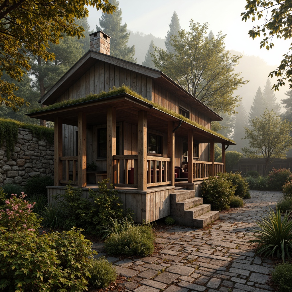 Prompt: Rustic wooden cabin, distressed wood planks, earthy color palette, natural stone walls, moss-covered roofs, vintage metal accents, reclaimed lumber, worn brick paths, overgrown gardens, misty morning light, warm golden lighting, shallow depth of field, 1/2 composition, realistic textures, ambient occlusion.