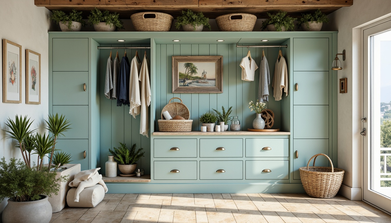 Prompt: Calming coastal storage room, soft blue-green hues, weathered wood accents, natural fiber textures, woven baskets, distressed metal fixtures, ocean-inspired decor, subtle coral patterns, creamy whites, driftwood grays, refreshing aqua tones, warm beige flooring, ambient soft lighting, shallow depth of field, 1/1 composition, realistic renderings.