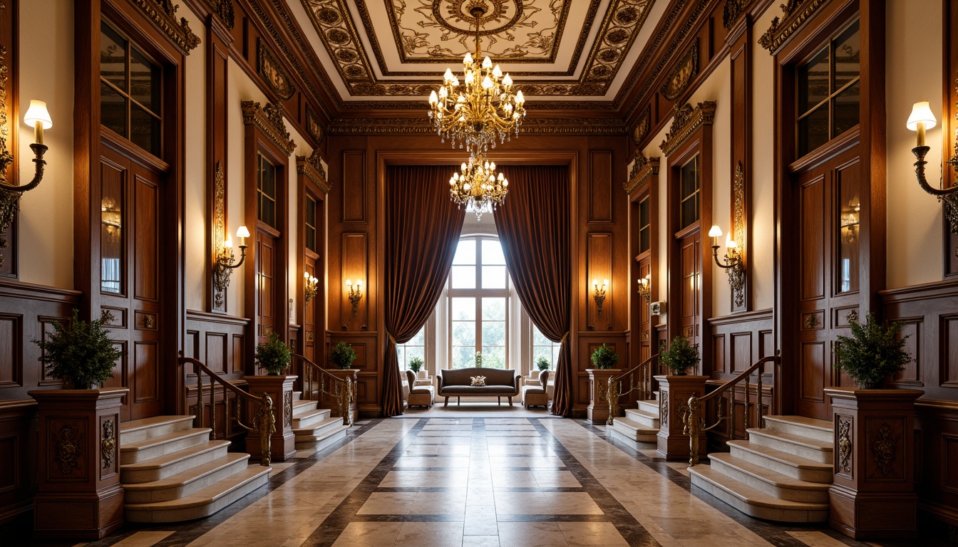 Prompt: Richly ornamented entrance hall, intricately carved wooden doors, ornate metal door handles, lavish chandeliers, patterned marble floors, grand staircase with curved banisters, velvet drapes, luxurious upholstery, intricate plaster ceiling, warm golden lighting, shallow depth of field, 1/1 composition, realistic textures, ambient occlusion.