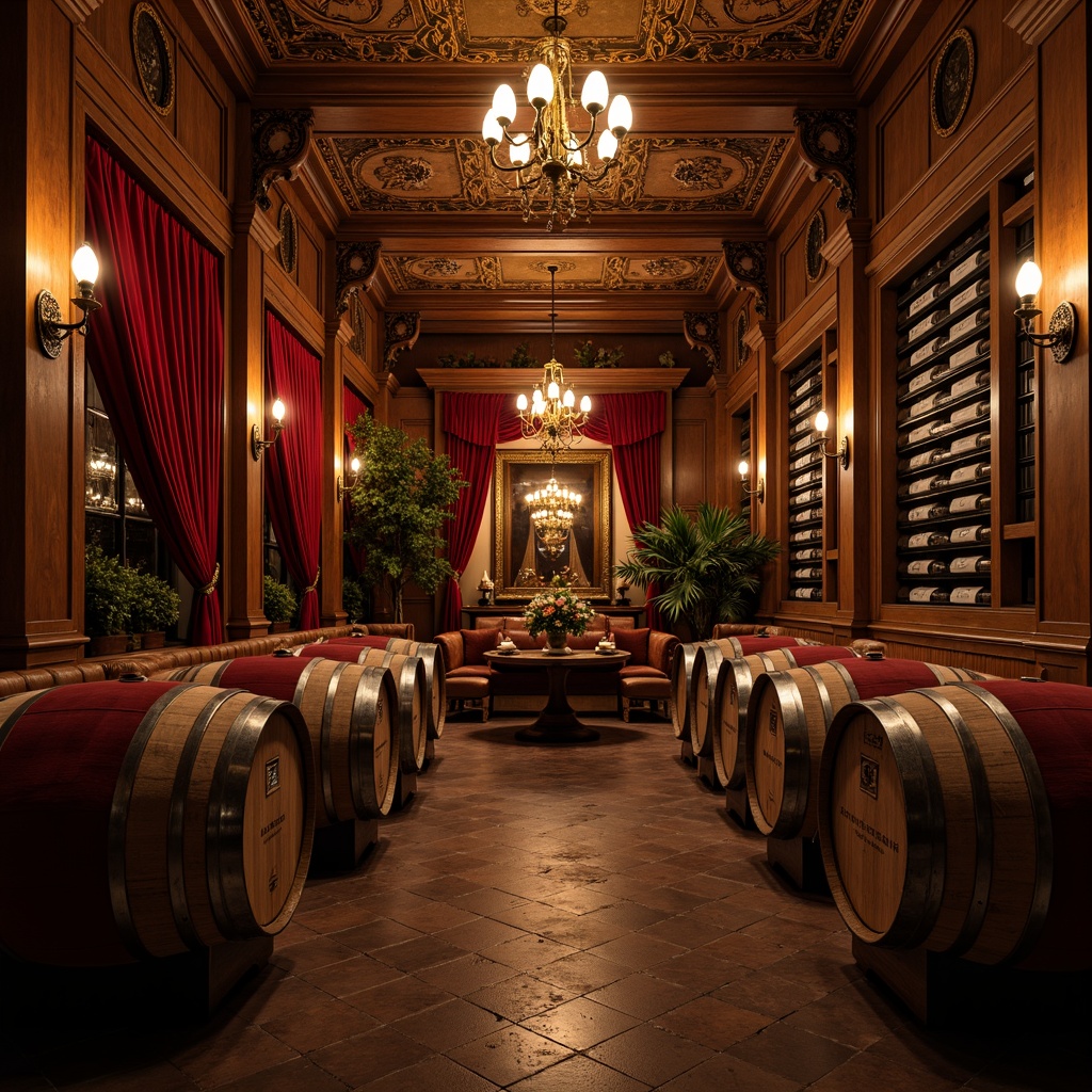 Prompt: Richly ornate wine cellar, warm earthy tones, dark wood paneling, intricate carvings, grand chandeliers, luxurious velvet drapes, ornamental metalwork, distressed leather furnishings, vintage wine barrels, dimly lit ambiance, soft golden lighting, 1/2 composition, low-angle shot, cinematic mood, realistic reflections.