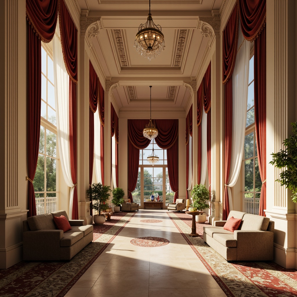 Prompt: Elegant community center, neoclassical architecture, ornate columns, intricate moldings, luxurious fabrics, velvet drapes, silk upholstery, linen textures, subtle sheen, warm golden lighting, soft focus, 1/2 composition, inviting atmosphere, natural materials, wooden accents, marble floors, crystal chandeliers, classic furnishings, sophisticated color palette, muted tones, creamy whites, rich reds, soothing greens, realistic reflections, ambient occlusion.