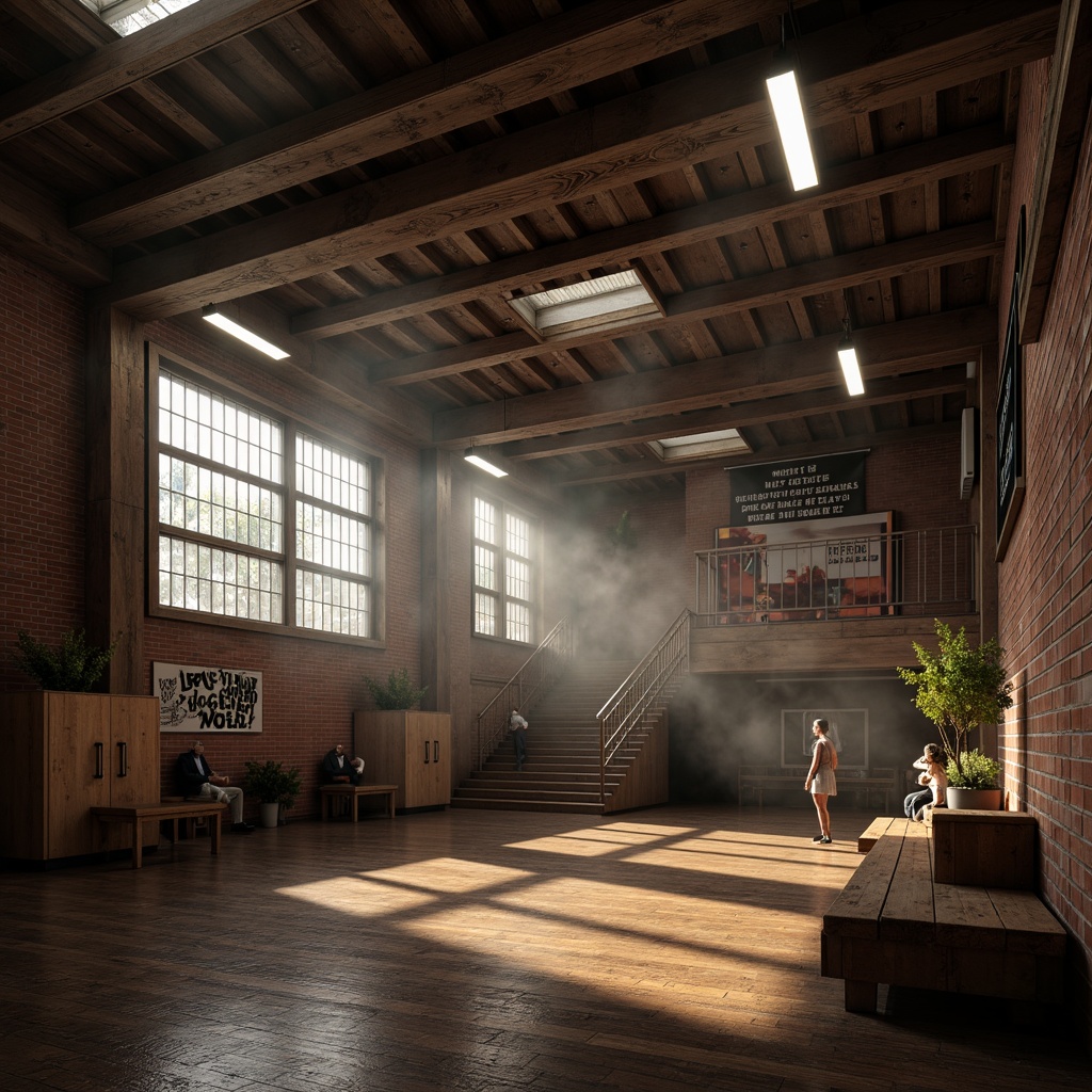 Prompt: Rustic wooden beams, earthy tones, warm fluorescent lighting, atmospheric fog effects, dramatic shadows, industrial metal trusses, distressed brick walls, vintage sports equipment, worn-out bleachers, nostalgic lockers, motivational quotes, inspirational banners, softbox lights, subtle color grading, cinematic camera angles, low-key lighting, 2.35