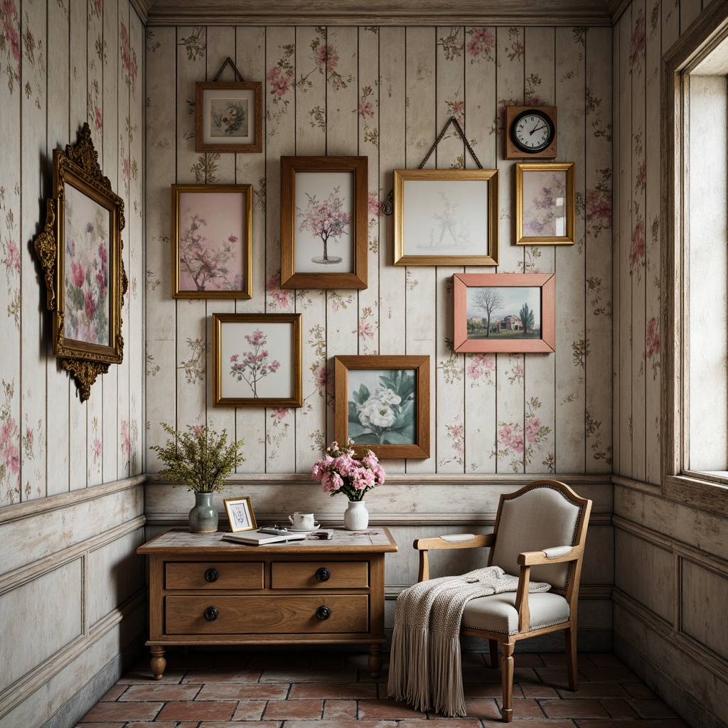 Prompt: Distressed wooden wall, soft pastel colors, vintage floral patterns, ornate gold frames, distressed mirrors, rustic wooden shelves, lace curtains, feminine desk accessories, porcelain vases, antique clocks, weathered brick walls, natural stone floors, warm candlelight, shallow depth of field, 1/1 composition, realistic textures, ambient occlusion.