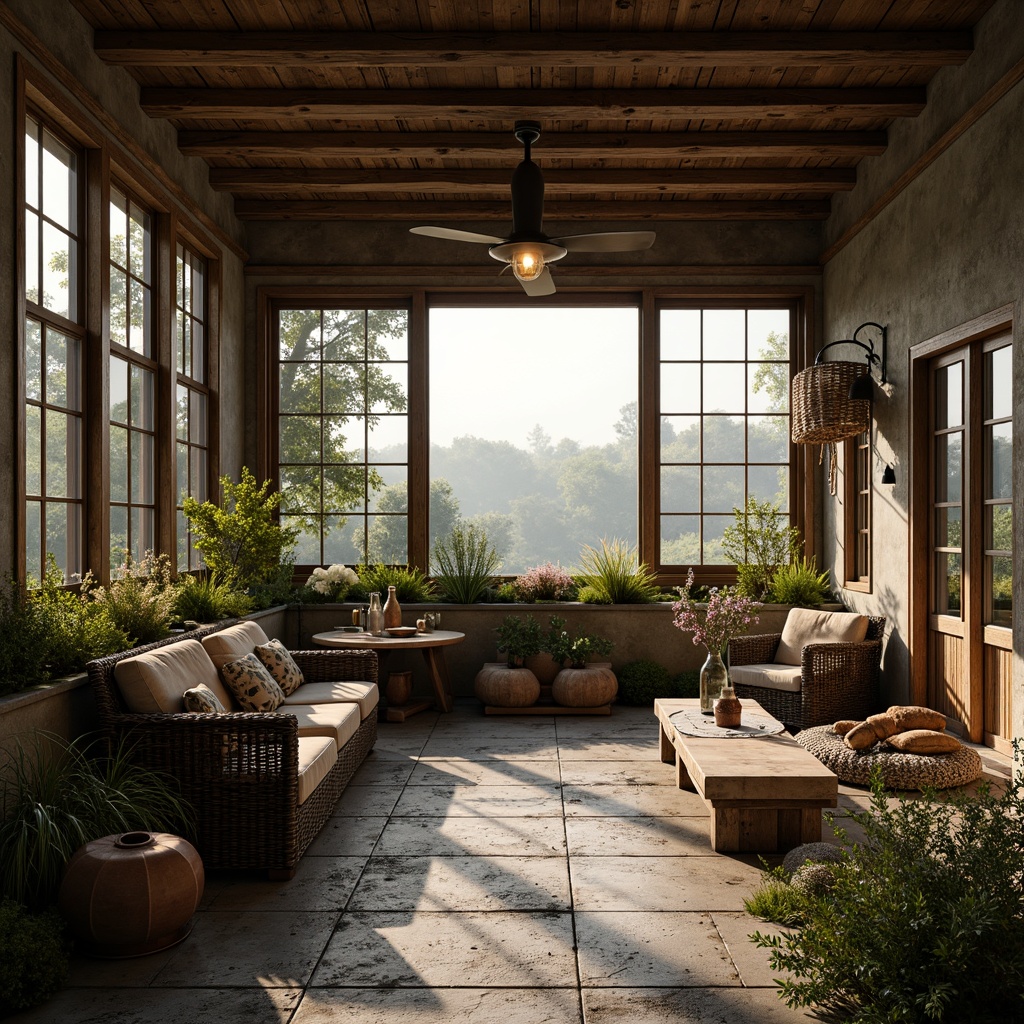 Prompt: Rustic wooden accents, distressed textures, vintage metalware, earthy color palette, natural stone foundations, moss-covered roofs, lantern-style lighting, woven wicker furniture, faded florals, aged leather elements, rural landscape backdrop, misty morning atmosphere, soft warm glow, cinematic depth of field, 1/1 composition, dramatic shading, ambient occlusion.