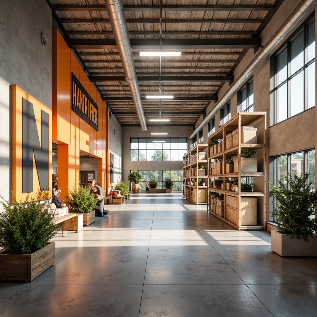 Prompt: Vibrant distribution center, modern industrial architecture, exposed ductwork, polished concrete floors, neutral beige walls, pop of bright colors, bold signage, functional shelving units, rustic metal accents, reclaimed wood textures, natural light pouring in, high ceilings, airy atmosphere, 1/1 composition, softbox lighting, realistic reflections, ambient occlusion.