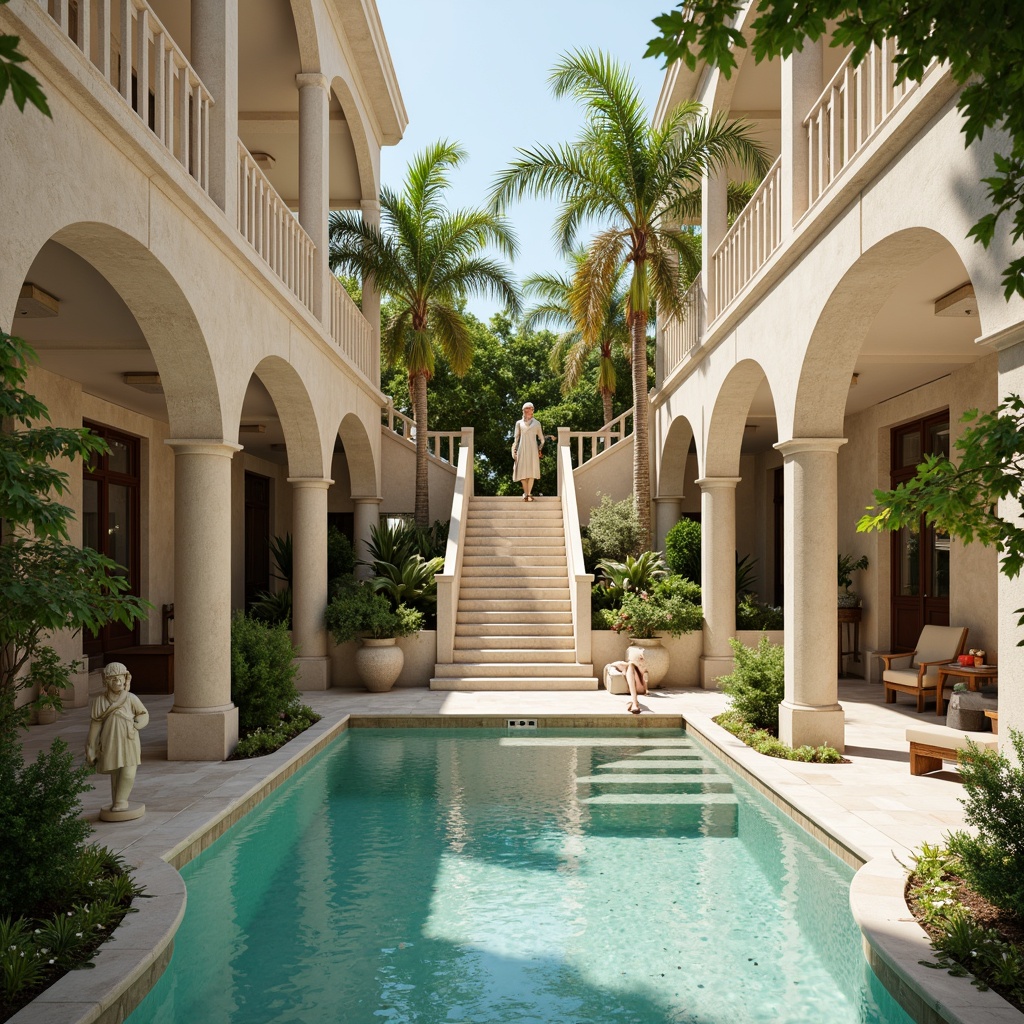 Prompt: Luxurious swimming pool, ornate columns, carved stone details, grand staircase, symmetrical architecture, cream-colored marble, turquoise water, lush greenery, palm trees, classical statues, intricate mosaics, golden accents, soft warm lighting, shallow depth of field, 1/1 composition, realistic textures, ambient occlusion.