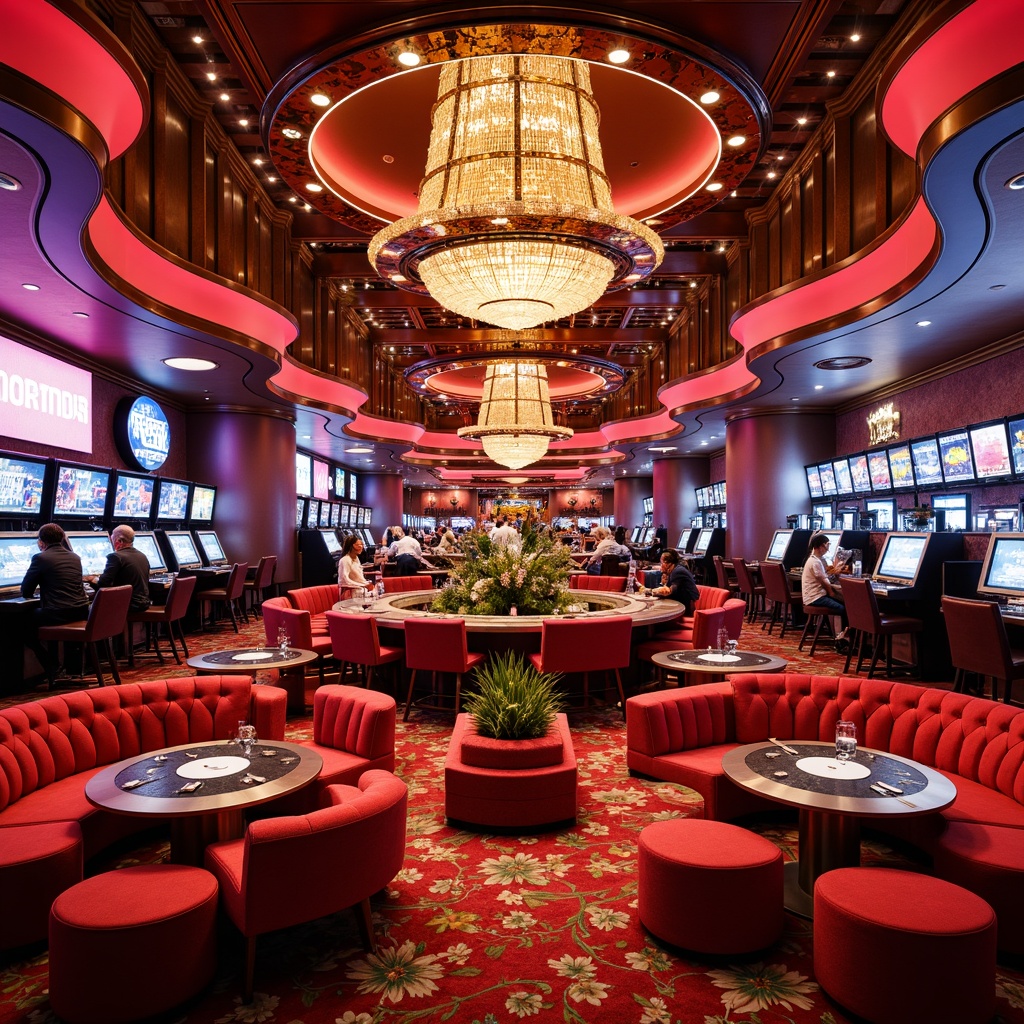 Prompt: Vibrant casino interior, postmodernist design, bold color schemes, luxurious furniture, curved lines, ornate patterns, rich velvet fabrics, metallic accents, glossy finishes, grand chandeliers, lavish decorations, opulent textures, dramatic lighting, spotlights, ambient glow, shallow depth of field, 1/1 composition, symmetrical framing, realistic reflections, ambient occlusion.