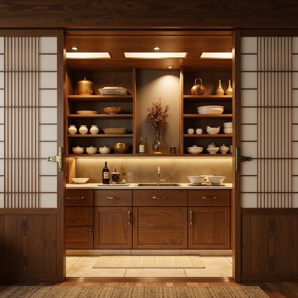 Prompt: Asian-inspired pantry, traditional Japanese Shoji screens, natural wood cabinetry, sliding doors, ornate metal hardware, warm ambient lighting, rich wooden textures, subtle aroma of incense, serene atmosphere, minimalist decor, bamboo accents, porcelain ceramics, soft muted colors, horizontal grain patterns, 1/1 composition, shallow depth of field, realistic reflections.Please let me know if this meets your expectations!