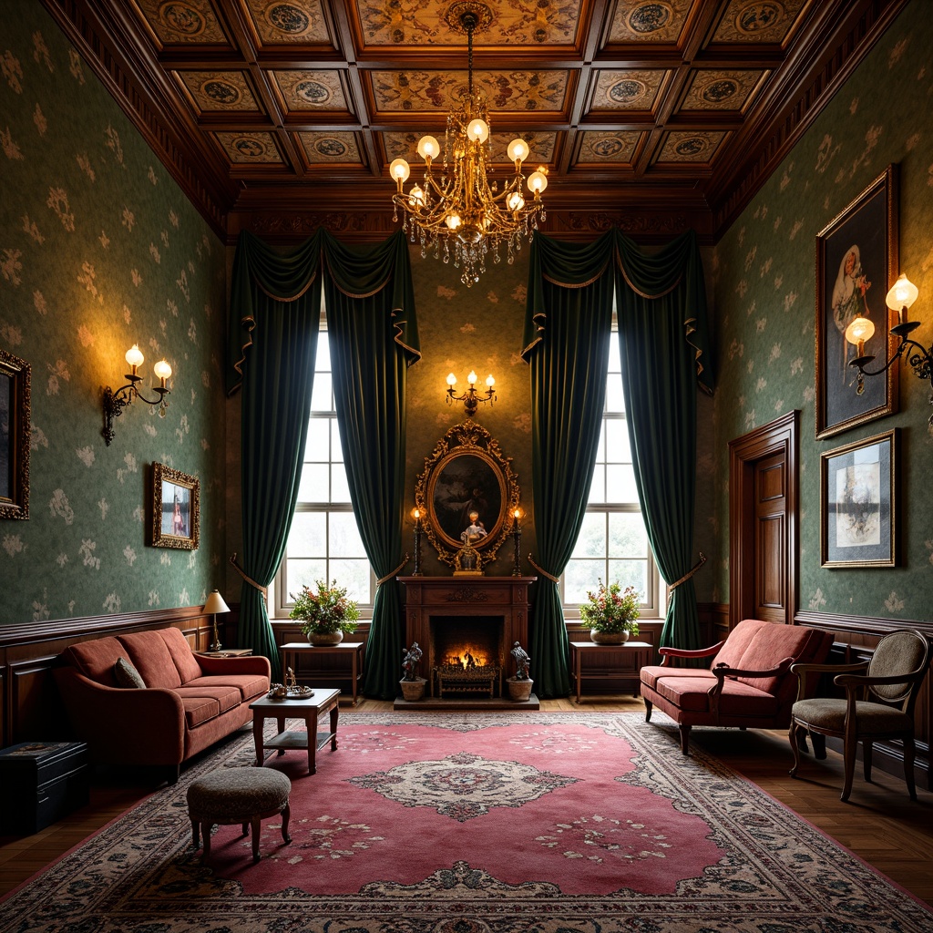 Prompt: Opulent Victorian mansion, rich jewel-toned walls, lavish furnishings, intricately patterned rugs, ornate wood accents, grand chandeliers, heavy drapery, velvet fabrics, warm golden lighting, soft focus, 2/3 composition, classic Renaissance-inspired architecture, earthy tones, mossy greens, dusty blues, warm neutrals, rich reds, regal purples.