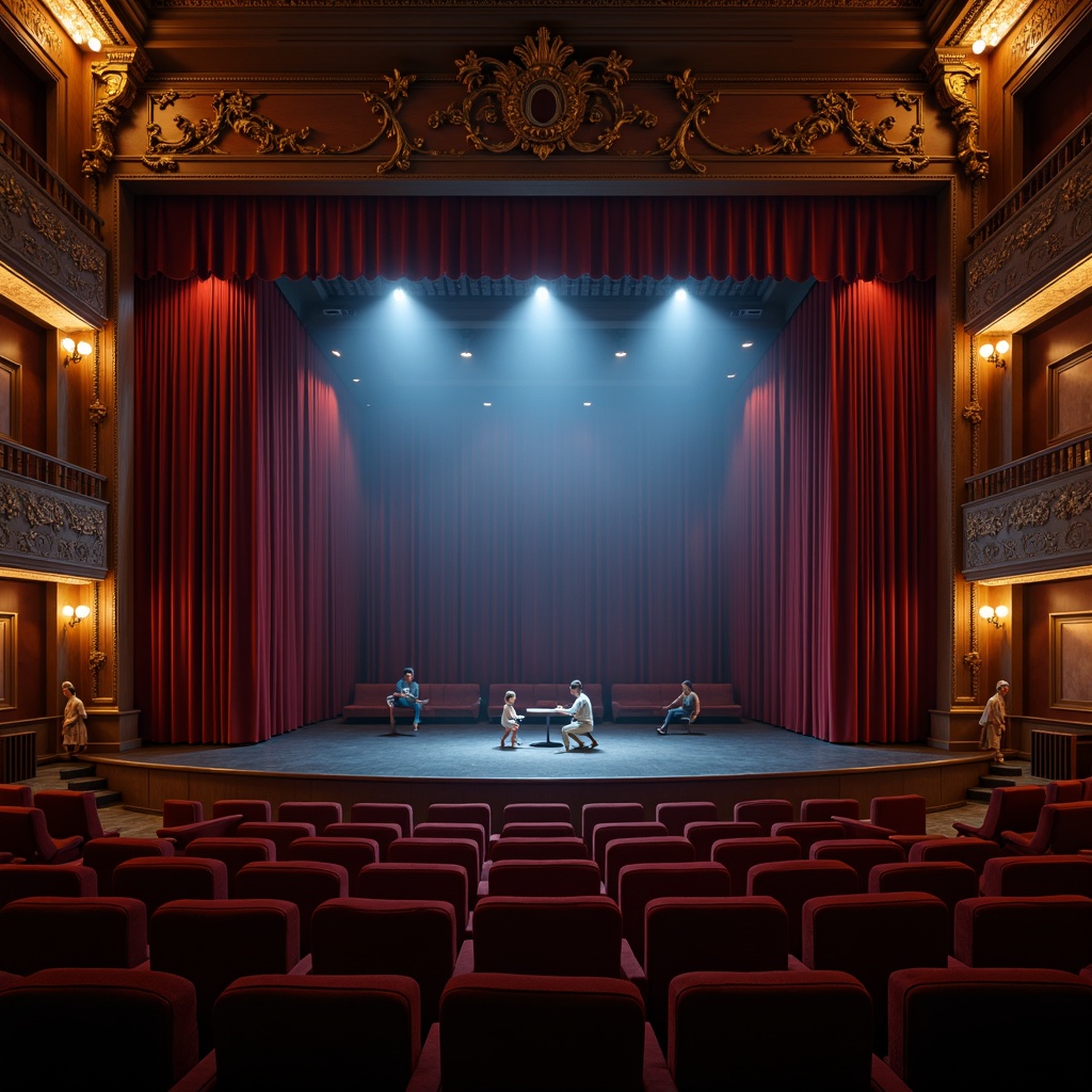 Prompt: Luxurious theater interior, rich velvet curtains, golden lighting fixtures, ornate wooden trim, plush red seats, dramatic spotlights, soft warm ambiance, 1/2 composition, low-key lighting, atmospheric fog, cinematic mood, nostalgic vintage vibe, elegant gold accents, sophisticated dark wood tones, mysterious blue undertones.