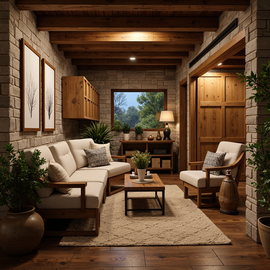 Prompt: Cozy basement atmosphere, warm earthy tones, rich wood accents, comfortable seating areas, soft warm lighting, gentle color transitions, calming blue hues, soothing green shades, natural stone walls, rustic metal decor, vintage industrial elements, distressed wooden crates, plush area rugs, intimate gathering spaces, warm beige colors, creamy whites, muted grays, subtle texture contrasts, 1/2 composition, soft focus effect, cozy ambiance.