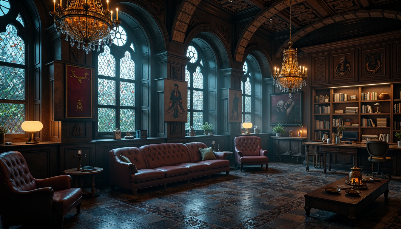 Prompt: Dark academia atmosphere, mysterious archways, grandiose chandeliers, ornate wooden furniture, luxurious velvet upholstery, intricate stone carvings, dramatic stained glass windows, rich jewel-toned colors, mystical symbols, ancient tomes, mysterious artifacts, eerie candlelight, dense foggy surroundings, medieval-inspired textures, high contrast lighting, cinematic composition, 1/1 aspect ratio, realistic reflections.