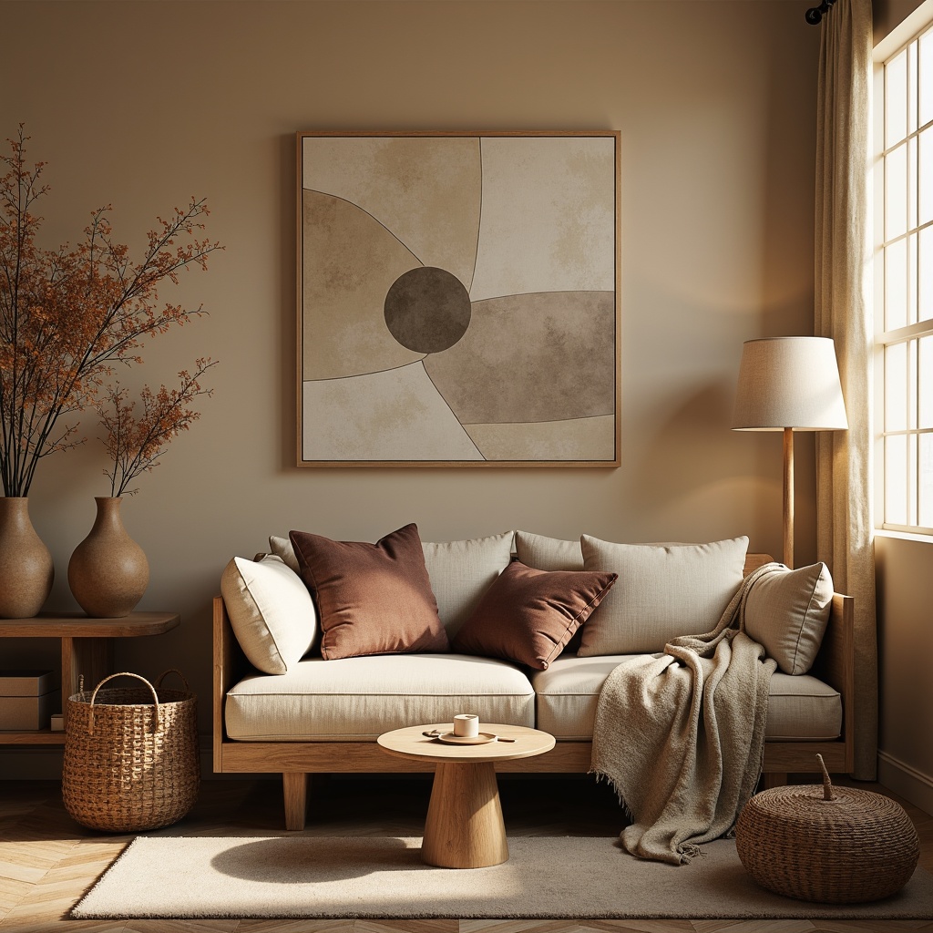 Prompt: Plush throw blankets, soft velvet pillows, warm beige walls, rustic wooden furniture, natural woven baskets, earthy terracotta vases, comfy reading nooks, floor lamps with linen shades, abstract geometric patterns, subtle texture overlays, muted color palette, cozy candlelight, shallow depth of field, 1/1 composition, intimate atmosphere, realistic fabric simulations.