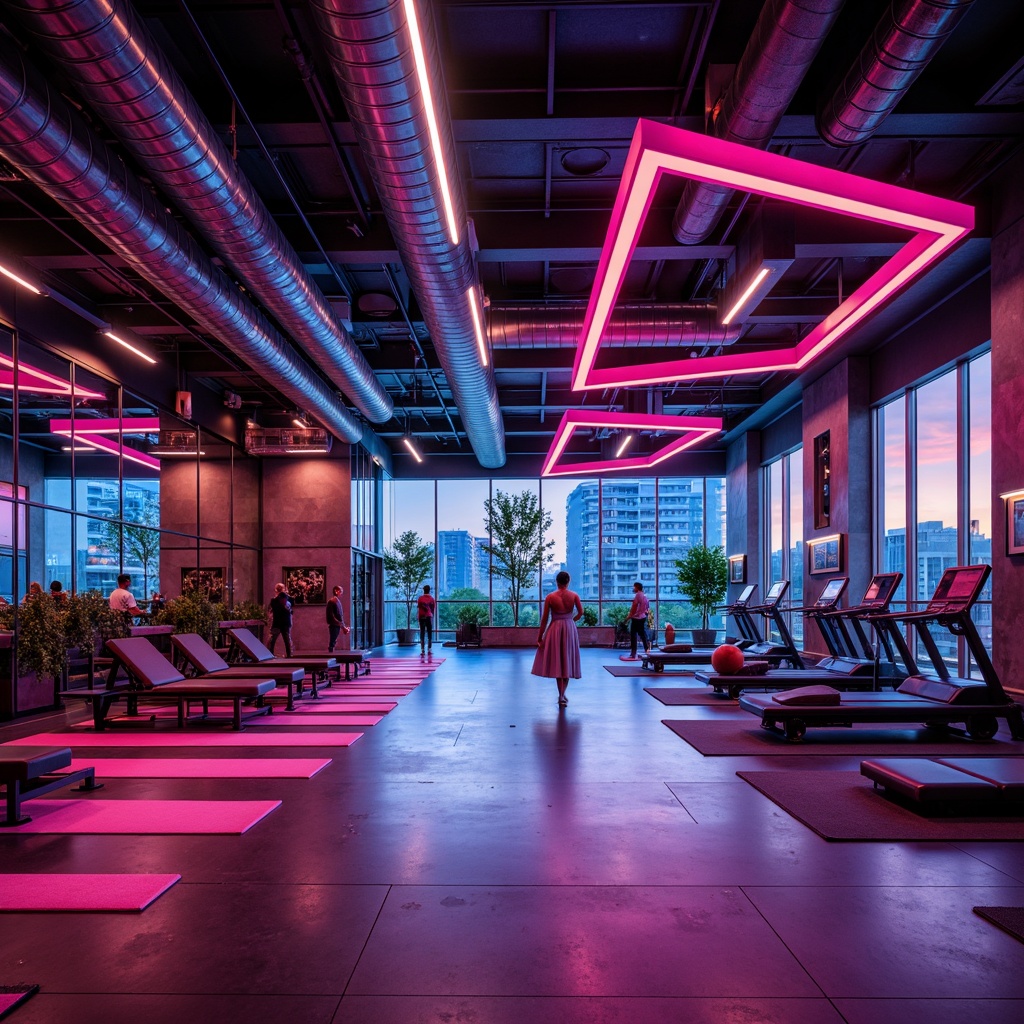 Prompt: Neon-lit fitness club, postmodernist architecture, bold color schemes, irregular shapes, eclectic decor, exposed ductwork, industrial-chic lighting fixtures, metal beams, polished concrete floors, mirrored walls, dynamic LED installations, high-contrast spotlights, warm ambient glow, futuristic exercise equipment, sleek machines, free weights, yoga mats, abstract art pieces, urban cityscape views, bustling street scenes, evening atmosphere, moody shadows, dramatic highlights, 3/4 composition, shallow depth of field, cinematic lighting effects.