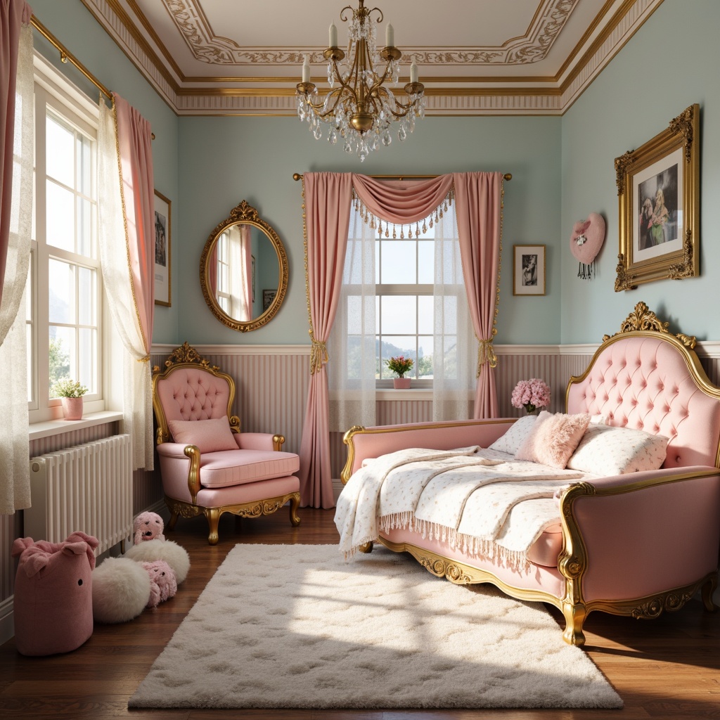 Prompt: Whimsical kids' bedroom, soft pastel colors, ornate Rococo furniture, intricate carvings, velvet fabrics, tassel accents, playful polka dots, fluffy area rugs, delicate lace curtains, crystal chandeliers, luxurious tufted upholstery, vintage-inspired wallpaper, golden picture frames, elegant crown molding, afternoon sunlight, warm cozy atmosphere, shallow depth of field, 1/1 composition, realistic textures, ambient occlusion.