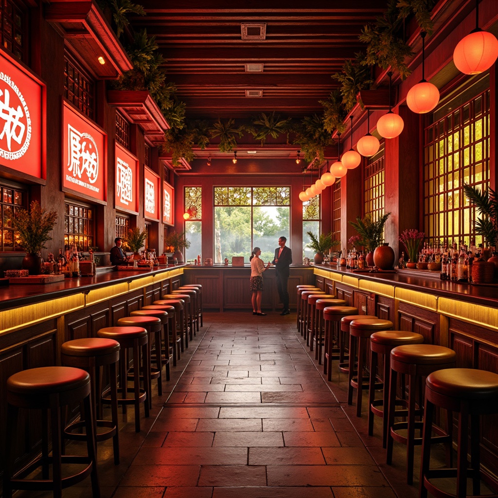 Prompt: Vibrant bar scene, neon-lit signs, rich wood accents, traditional Asian patterns, bold red lanterns, warm golden lighting, sleek metal countertops, polished stone floors, lush greenery, exotic floral arrangements, intricate carvings, ornate wooden screens, subtle texture overlays, soft focus blur, 1/2 composition, atmospheric mist, cinematic color grading.