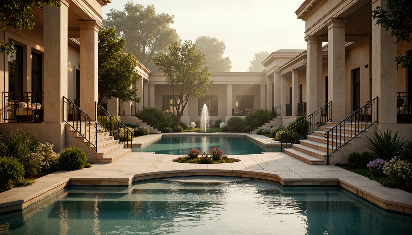 Prompt: Elegant poolside surroundings, ornate stonework, classical columns, majestic fountains, serene water reflections, warm golden lighting, soft focus, shallow depth of field, 1/2 composition, subtle gradient maps, atmospheric perspective, misty morning ambiance, dew-kissed foliage, lush greenery, travertine coping stones, ornamental metalwork, grand staircases, symmetrical architecture, Renaissance-inspired details, subtle rim lighting, warm color palette, soft shadows.