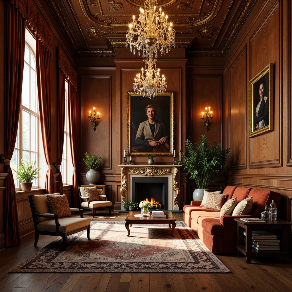 Prompt: Elegant living room, ornate wooden furniture, rich velvet drapes, crystal chandeliers, vintage decorative accents, intricate carvings, distressed finishes, luxurious textiles, warm golden lighting, soft focus, shallow depth of field, 1/2 composition, classic color palette, traditional architectural details, grandiose proportions, majestic interior spaces.