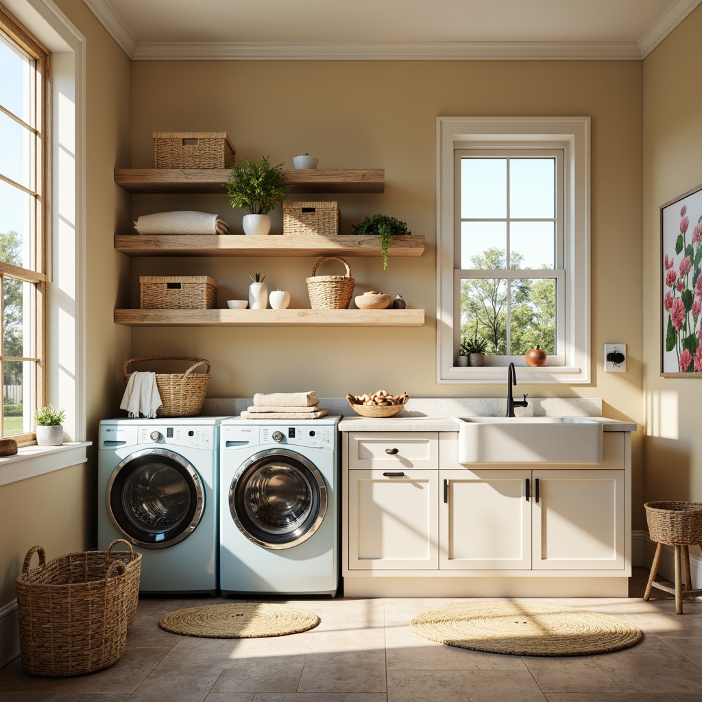 Prompt: Vibrant laundry room, warm beige walls, soft cream cabinets, pastel blue washing machines, crisp white countertops, rustic wood shelves, woven baskets, natural fiber rugs, airy windows, plenty of natural light, gentle morning sunlight, shallow depth of field, 1/1 composition, realistic textures, ambient occlusion, cozy atmosphere, inviting decor, soothing color palette.