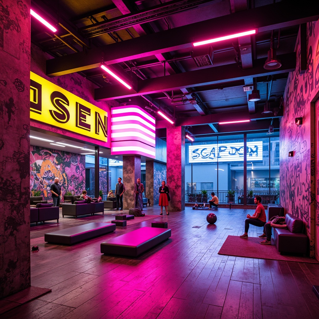 Prompt: Neon-lit fitness club, bold color blocks, vibrant pink accents, electric blue tones, sunny yellow highlights, graffiti-inspired murals, distressed concrete walls, industrial metal beams, reclaimed wood flooring, eclectic mix of textures, retro-futuristic equipment, LED light installations, dynamic shapes, asymmetrical composition, high-contrast lighting, urban cityscape views, bustling metropolitan atmosphere, avant-garde architectural design, experimental material combinations.