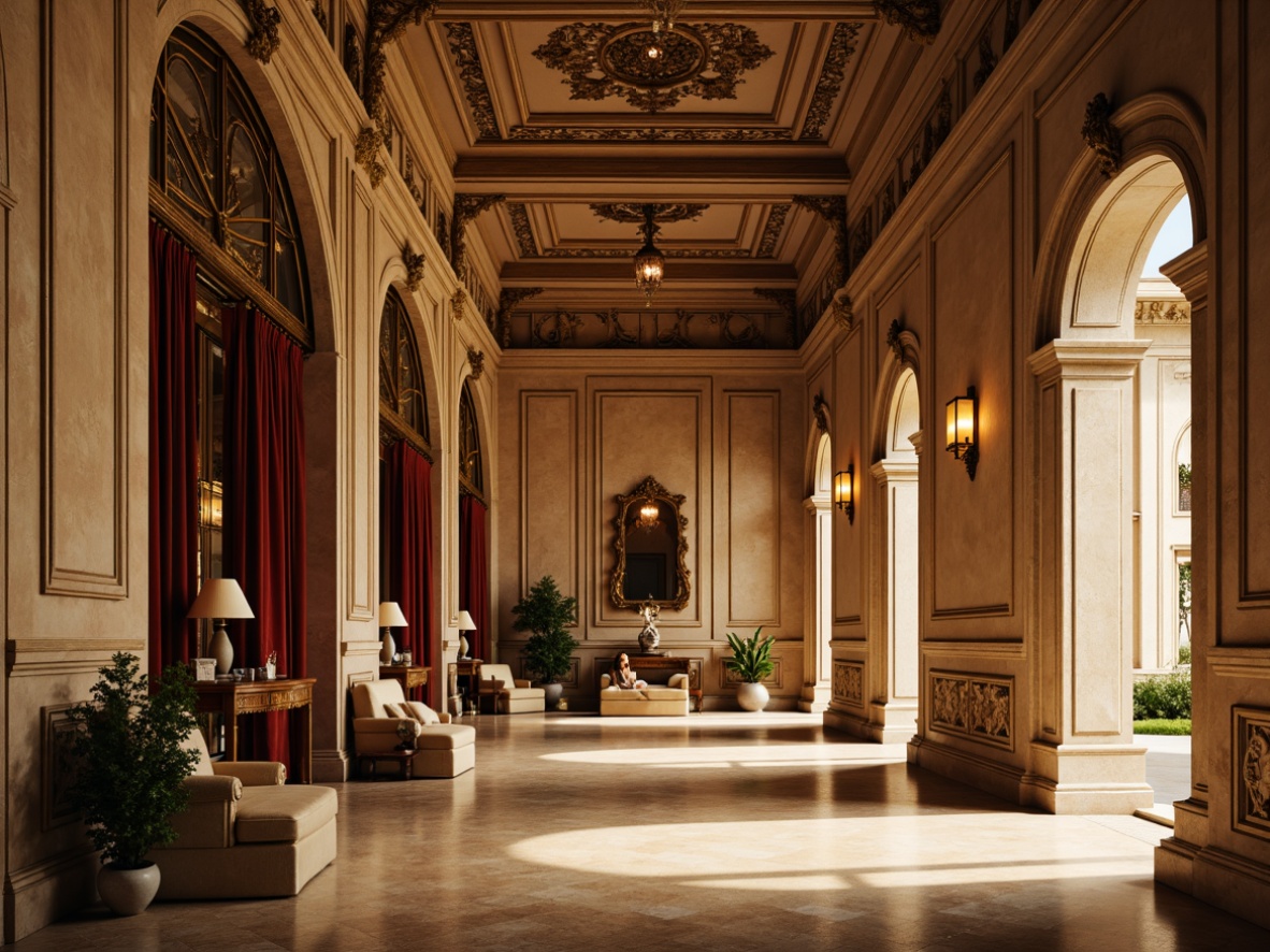 Prompt: Renaissance-inspired palace, ornate facades, grand entranceways, marble columns, intricate stone carvings, gilded accents, warm beige walls, rich walnut wood furnishings, luxurious velvet drapes, soft golden lighting, subtle sfumato effects, 1/2 composition, atmospheric perspective, realistic textures, detailed normal maps.