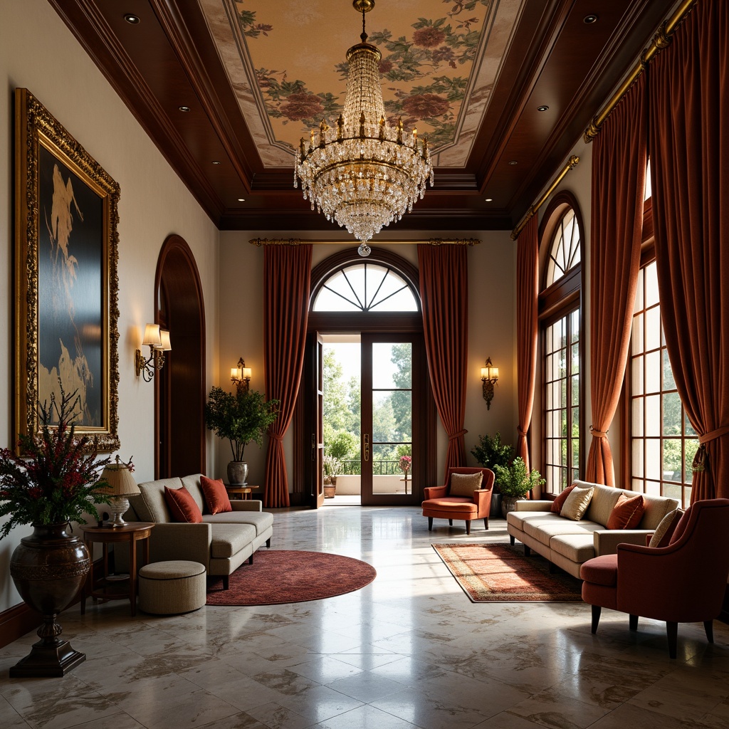 Prompt: Elegant luxury villa, grand entrance, ornate wooden doors, crystal chandeliers, marble flooring, rich velvet drapes, lavish furnishings, gilded frames, intricate carvings, ornamental vases, exotic flowers, plush area rugs, soft warm lighting, dramatic ceiling heights, symmetrical composition, realistic textures, ambient occlusion.