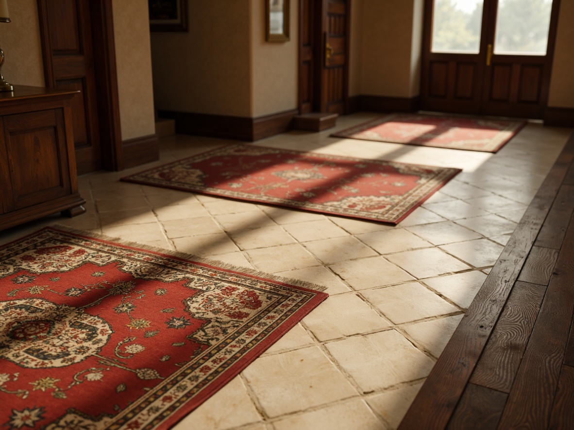 Prompt: Rich hardwood floors, dark wood tones, classic herringbone pattern, warm beige marble, soft cream limestone, ornate rug patterns, distressed wooden planks, vintage-inspired tile designs, rustic stone flags, elegant parquet flooring, traditional Persian rugs, warm golden lighting, shallow depth of field, 1/1 composition, realistic textures, ambient occlusion.