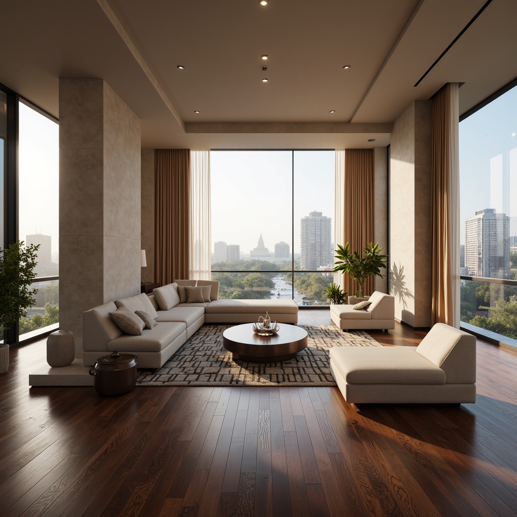 Prompt: Neutral beige walls, rich walnut wood flooring, modern minimalist furniture, sleek low-profile sofas, geometric patterned rugs, statement light fixtures, warm ambient lighting, floor-to-ceiling windows, panoramic views, urban cityscape, 1/1 composition, soft natural textures, subtle shadows, realistic reflections.