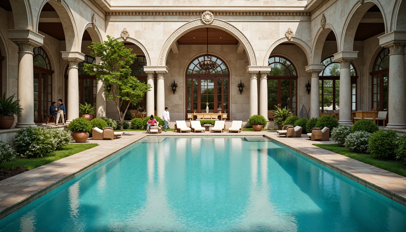 Prompt: Grandiose swimming pool, ornate columns, intricately carved stone walls, majestic archways, symmetrical fountain features, crystal clear turquoise water, lush greenery surroundings, elegant statues, refined mosaic tiles, subtle golden accents, warm soft lighting, shallow depth of field, 1/2 composition, realistic textures, ambient occlusion.