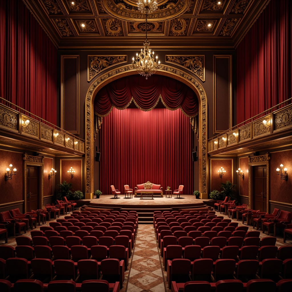 Prompt: Rich velvet curtains, ornate golden details, luxurious red seats, soft warm lighting, dramatic spotlights, grand stage, lavish chandeliers, intricate moldings, elegant archways, classic ornamental patterns, sophisticated dark wood tones, opulent marble floors, majestic high ceilings, intimate ambiance, cozy atmosphere, subtle color contrasts, 3/4 composition, cinematic perspective, realistic textures.