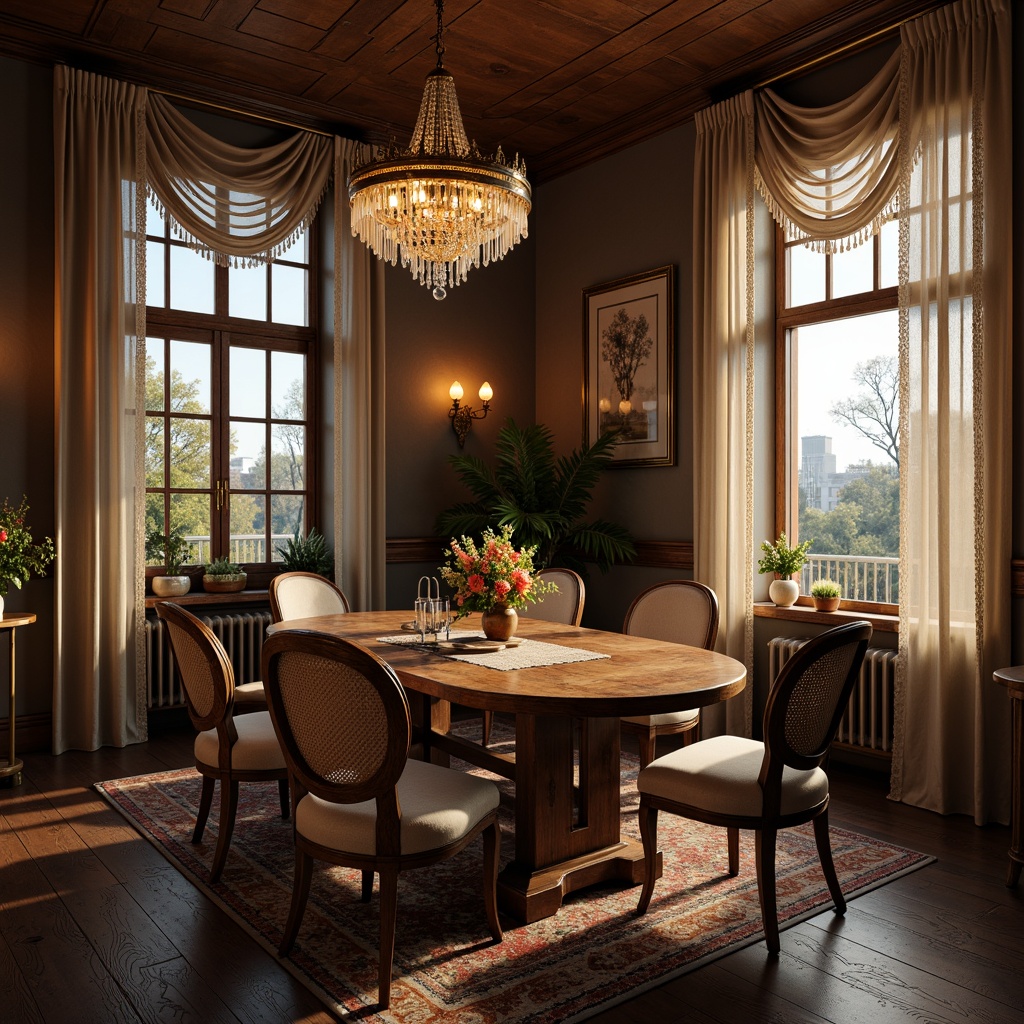 Prompt: Cozy dining room, warm ambiance, elegant chandelier, crystal drops, soft warm lighting, rustic wooden table, comfortable chairs, plush cushions, floral centerpiece, lace curtains, classic architecture, large windows, natural daylight, subtle shadows, 1/2 composition, realistic textures, ambient occlusion.