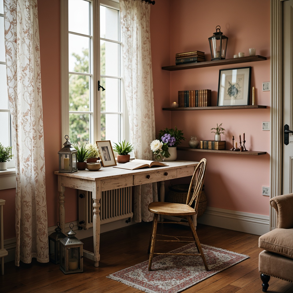 Prompt: Distressed wooden desk, vintage metal chair, soft peach walls, creamy white trim, pastel pink accents, lace curtains, floral patterns, antique furniture pieces, worn leather bindings, old books, rustic metal lanterns, warm candlelight, natural fiber rugs, weathered wood shelves, distressed finish, romantic atmosphere, soft focus, warm color harmony, 1/2 composition, intimate setting, cozy ambiance.