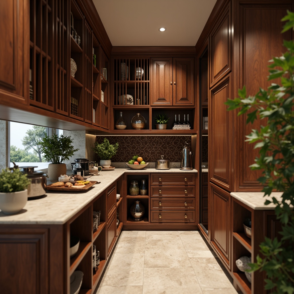 Prompt: Sleek pantry, Asian-inspired cabinetry, rich wood tones, ornate carvings, subtle gold accents, sliding doors, open shelving, decorative latticework, wicker baskets, natural stone countertops, earthy color palette, warm ambient lighting, shallow depth of field, 1/2 composition, realistic textures, subtle animations, soft focus effect.