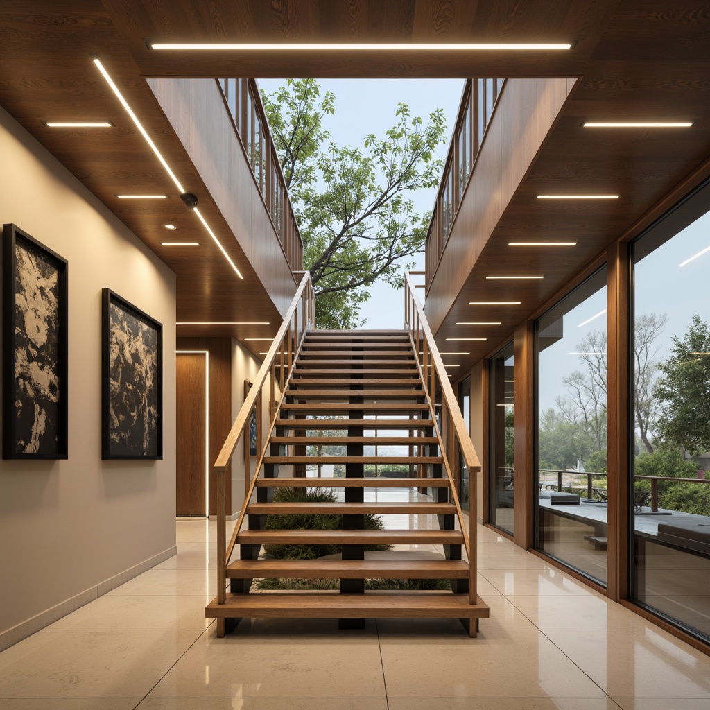 Prompt: Sleek modern staircases, minimalist handrails, stainless steel or glass balusters, floating treads, open risers, industrial chic aesthetic, polished chrome or brass accents, geometric patterns, LED lighting strips, dramatic ceiling heights, luxurious living spaces, airy atmospheres, soft warm glow, shallow depth of field, 2/3 composition, realistic reflections.