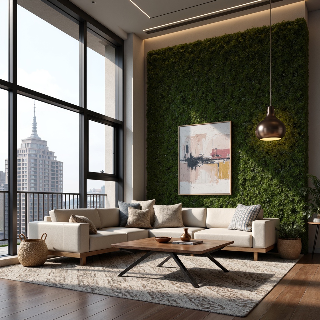 Prompt: Modern living room, sleek lines, minimalist decor, plush sectional sofa, abstract artwork, floor-to-ceiling windows, natural light, cityscape views, industrial-chic coffee table, metal legs, reclaimed wood accents, geometric-patterned rug, ambient lighting, pendant lamps, greenery walls, potted plants, woven baskets, luxurious throw blankets, metallic vases, Scandinavian-inspired decor, monochromatic color scheme, 1/1 composition, soft focus, warm atmospheric lighting.