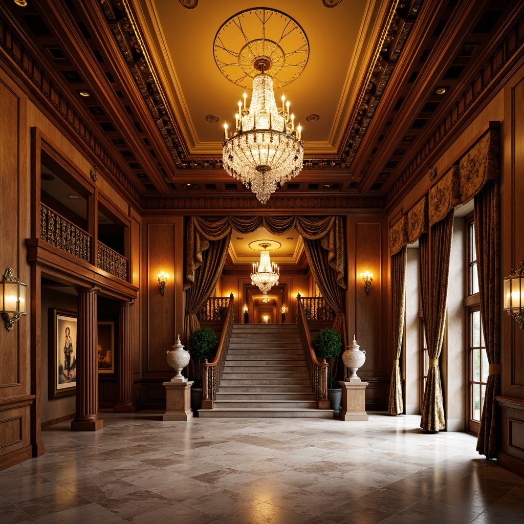 Prompt: Grand entrance hall, ornate chandelier, crystal droplets, warm golden lighting, rich wood paneling, intricate moldings, luxurious velvet drapes, marble floors, majestic staircase, elegant lanterns, soft ambient glow, dramatic high ceilings, symmetrical composition, realistic renderings, subtle depth of field, 1/1 aspect ratio, ornate metalwork, vintage-inspired fixtures, sparkling crystal prisms.