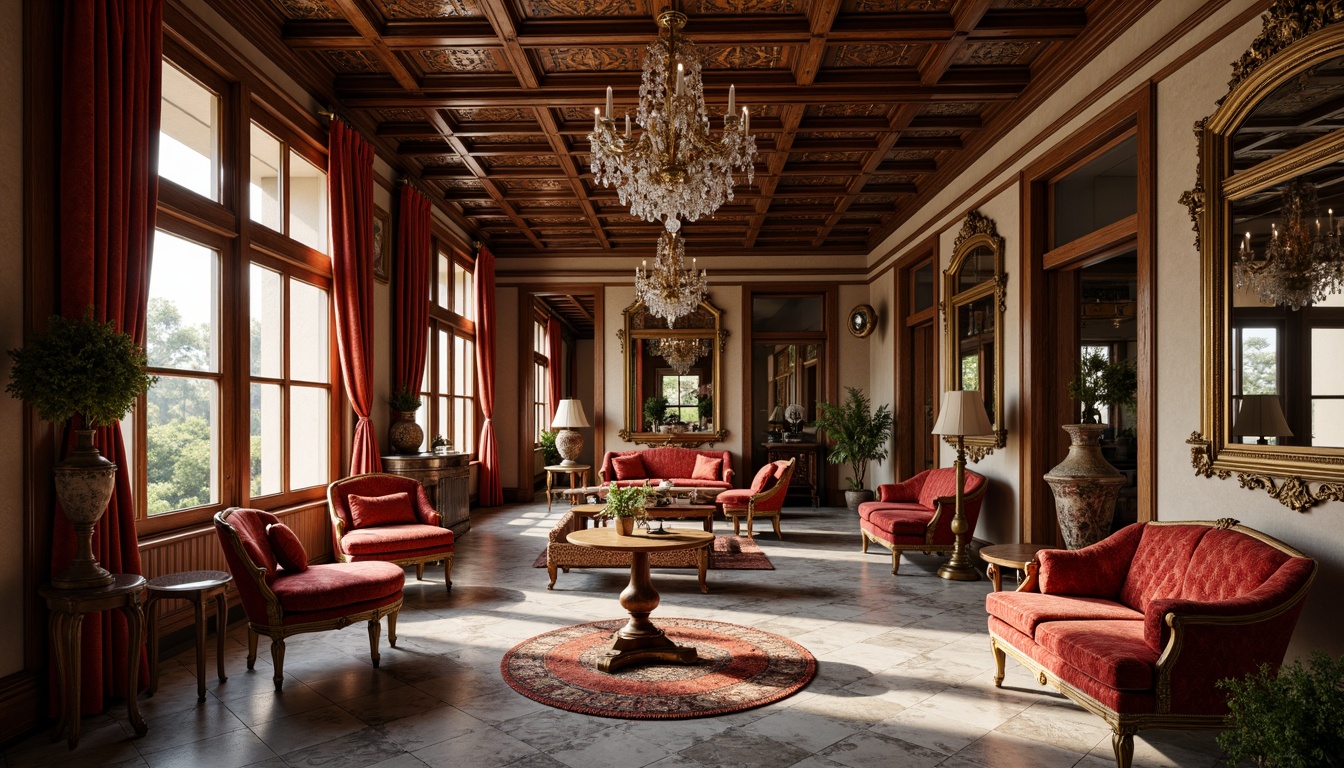 Prompt: Elegant Renaissance interior, ornate wooden furniture, rich velvet fabrics, intricately carved details, golden accents, luxurious drapes, crystal chandeliers, grandiose mirrors, refined marble floors, sophisticated color palette, warm soft lighting, shallow depth of field, 1/2 composition, realistic textures, ambient occlusion.