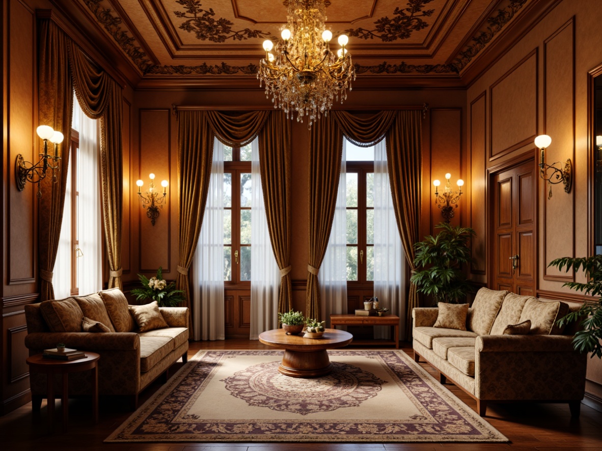 Prompt: Elegant traditional interior, warm golden lighting, ornate chandeliers, candelabras, table lamps, floor lamps, soft warm glow, rich wood tones, luxurious fabrics, velvet drapes, carved wooden furniture, intricate patterns, classic architectural details, high ceilings, large windows, natural daylight, subtle shading, 1/1 composition, realistic textures, ambient occlusion.